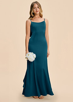 Azazie Lioren Junior Ink Blue Sheath Bow Stretch Satin Dress image2