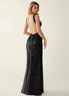 Hazelen Solid Black V-Neck Sequined Lace Tulle Prom Dress image2