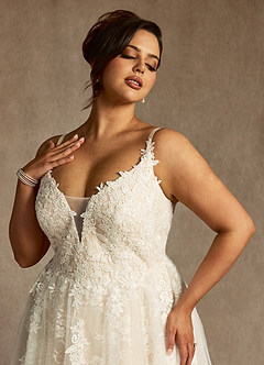Azazie Jolene Wedding Dresses Diamond White Champagne A-Line Lace Tulle Dress image10