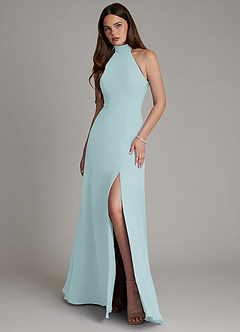 Azazie Myra 신부 들러리 드레스 A라인 하이넥 쉬폰 바닥 길이 드레스 image1