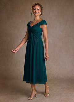 Azazie Mirta 신부의 어머니 드레스 A라인 주름진 플로럴 번아웃 티 길이 드레스 image4