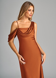 Azazie Celina Bridesmaid Dresses Cinnamon Sheath Off the Shoulder Stretch Satin Dress image7