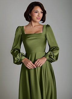 Azazie Solana Bridesmaid Dresses Olive A-Line Long Sleeve Stretch Satin Dress image3