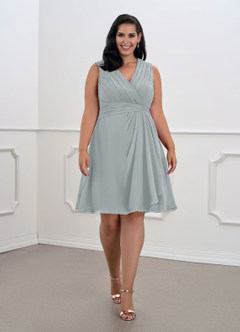 Azazie Theron Mother of the Bride Dresses Dolphin Grey A-Line V-Neck Pleated Chiffon Dress image16