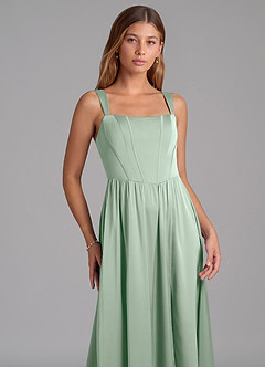 Azazie Rosaline Robes de demoiselle d'honneur Robe Trapèze en Satin extensible Fente Latérale Agave image6