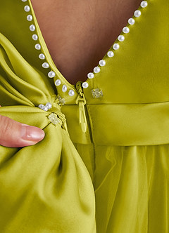 Azazie Cookie Robe Demoiselle D'honneur Fillette Robe Trapèze en Tulle Arc Citronnelle image5