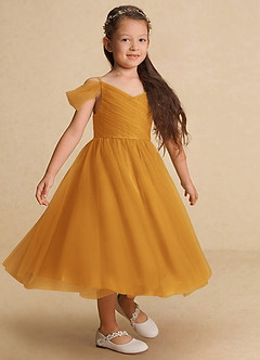 Azazie Lizzette Flower Girl Dresses Butterscotch A-Line Ruched Tulle Dress image4