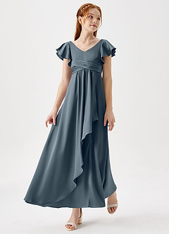 Azazie Omari Junior Twilight A-Line Pleated Stretch Satin Dress image1