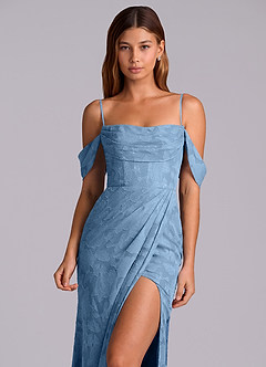 Azazie Johana Abiti da Damigella Abito Convertibile Sirena in Burnout Floreale a Spalla Scoperta Blu Acciaio image2