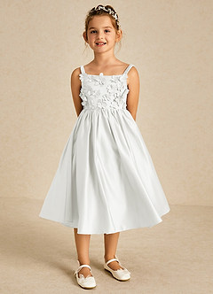 Azazie Midge Robe Demoiselle D'honneur Fillette Robe Trapèze en Mat Satiné Arc Blanc De Diamant image1