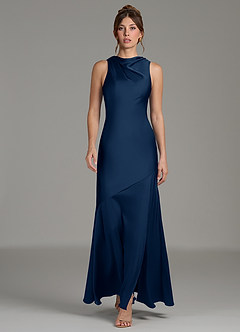 Azazie Kiara Vestidos de damas de honor Vestido de Azul Marino Oscuro de Satén Elástico de Corte Sirena con Plisado image5