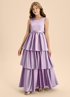 Azazie Meadowyn Junior Vestido de Lila Esmerilada de Satén Elástico de Corte En A con Lazo image4