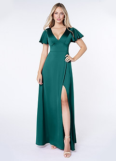 Azazie Lani Robes de demoiselle d'honneur Robe Trapèze en Satin extensible Manche à volants Paon image1