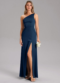 Azazie Feby Jurken voor bruidsmeisjes Jurk van Stretch Satijn met A-Lijn One-Shoulder Donkere Marine image3