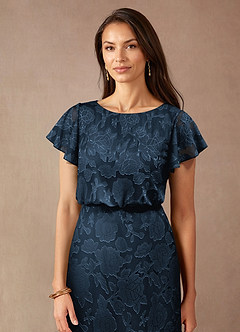 Azazie Lehi Mother of the Bride Dresses Dark Navy A-Line Boatneck Floral Burnout Dress image5