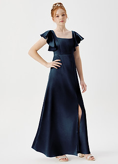 Azazie Bondi Junior A-Linie Seitliche Cut-Outs Metallischer Satin Kleid Dunkelmarine image3