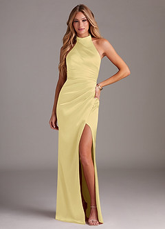 Azazie Jemma At-home Try On Dresses Agave Sheath Pleated Stretch Satin Dress image1