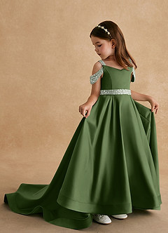 Azazie Jodi Flower Girl Dresses Olive A-Line Matte Satin Dress image1