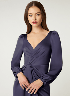 Azazie Mel Bridesmaid Dresses Stormy Sheath Long Sleeve Stretch Satin Dress image5