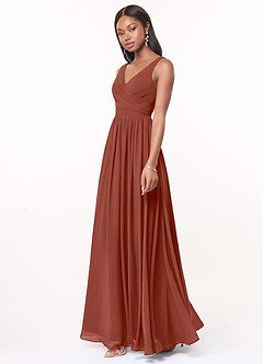 Azazie Keyla Bridesmaid Dresses Auburn A-Line V-Neck Pleated Chiffon Dress image2