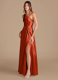 Azazie Brooke Bridesmaid Dresses Paprika A-Line One Shoulder Metallic Satin Dress image4