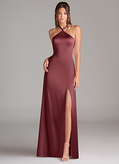 Azazie Elliana Bridesmaid Dresses Merlot Sheath Side Slit Stretch Satin Dress image4