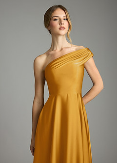 Azazie Melanie 신부 들러리 드레스 A라인 오프 더 숄더 스트레치 새틴 바닥 길이 드레스 image6