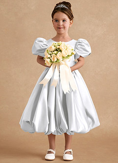 Azazie Jellybean Flower Girl Dresses White Ball-Gown Ruched Matte Satin Dress image3