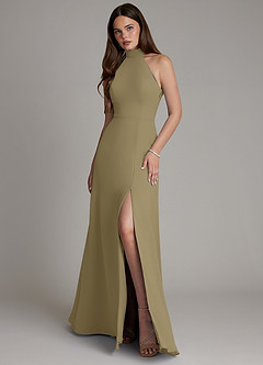 Azazie Myra Brautjungfernkleider Eine Linie Hoher Kragen Chiffon Kleid Moosgrün image1