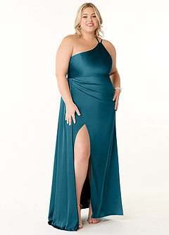 Azazie Maron Bridesmaid Dresses Ink Blue A-Line One Shoulder Stretch Satin Dress image7