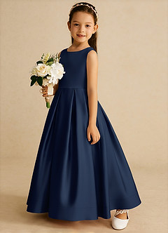 Azazie Cailee Robe Demoiselle D'honneur Fillette Robe Princesse en Mat Satiné Plissée Bleu Marine Foncé image2