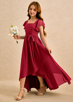 Azazie Milly Girls Formal 플라워 걸 드레스 A라인 주름진 쉬폰 비대칭 드레스 image6