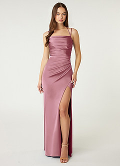 Azazie Desi Bridesmaid Dresses Vintage Mauve Sheath Halter Corset Stretch Satin Dress image1