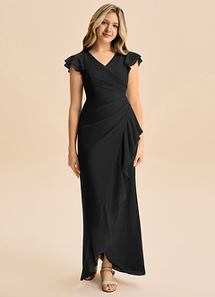 Azazie Julie Junior Vestido de Negro de Gasa de Corte Sirena con Volante image4