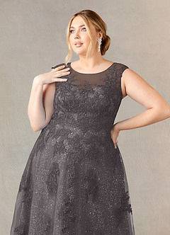 Azazie Flynn Mother of the Bride Dresses Steel Grey A-Line Boatneck Lace Tulle Dress image10