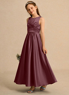Azazie Ducky Girls Formal Flower Girl Dresses Sangria A-Line Pleated Stretch Satin Dress image3