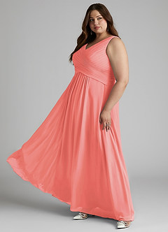 Azazie Flora Brautjungfernkleider A-Linie Plissee Chiffon Kleid Koralle image12