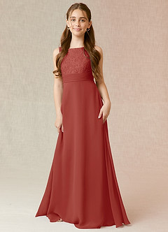 Azazie Snow Junior A-Linie Spitze Chiffon Kleid Terrakotta image1
