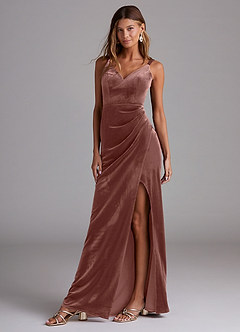 Azazie Leo Robes de demoiselle d'honneur Robe Fourreau en velours Plissée Rustikale Rose image1