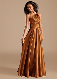 Azazie Charlize Bridesmaid Dresses Copper A-Line One Shoulder Metallic Satin Dress image6