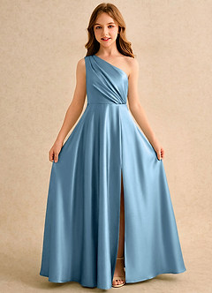 Azazie Puddles Girls Formal Flower Girl Dresses Steel Blue A-Line One Shoulder Stretch Satin Dress image5