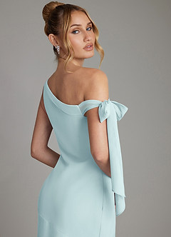Azazie Aylin Bridesmaid Dresses Sea Glass Sheath Off the Shoulder Chiffon Dress image7