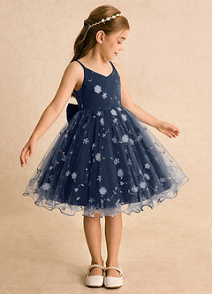 Azazie Junebug Flower Girl Dresses Dark Navy Ball-Gown Spaghetti Strap Tulle Dress image4