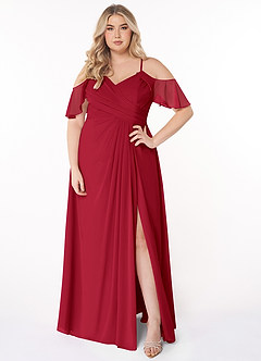 Azazie Dakota Brautjungfernkleider A-Linie V-Hals Gefaltet Chiffon Kleid Scharlachrot image12