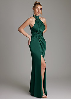 Azazie Gracelynn Robes de demoiselle d'honneur Robe Fourreau en Satin extensible Plissée émeraude image7