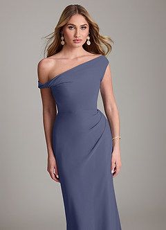 Azazie Emerson Bridesmaid Dresses Stormy Sheath Off the Shoulder Chiffon Dress image2