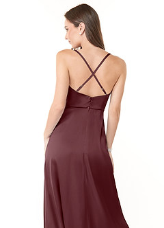 Azazie Naomie Final Sale Sangria A-Line Cowl Neckline Side Slit Stretch Satin Dress image3