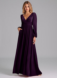 Azazie Norah Bridesmaid Dresses Grape A-Line Long Sleeve Velvet Dress image1