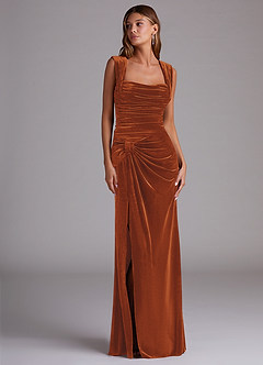 Azazie Genesis Bridesmaid Dresses Burnt Orange Sheath Pleated Velvet Dress image3