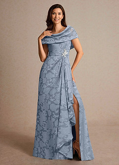 Azazie Branford vestidos de madre de la novia Vestido de Azul Polvoriento de Devorado Floral de Corte En A con Plisado image5